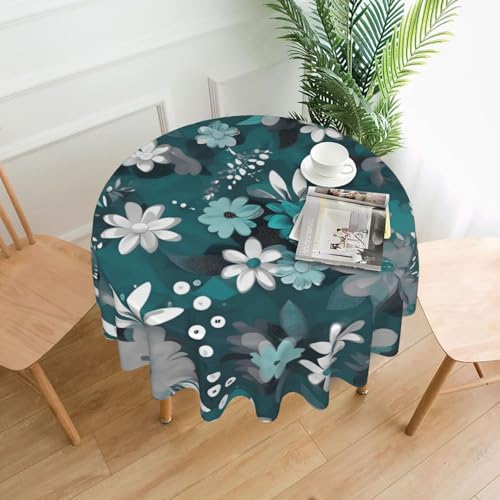YYHWHJDE Runde dekorative Tischdecke, 152,4 cm, Blaugrün und Weiß, Blumenbild, wasserdicht, waschbar und wiederverwendbar, für Esszimmer, Kaffee, Picknick, Hochzeit, Party von YYHWHJDE