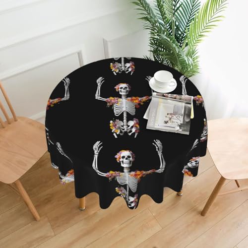 YYHWHJDE Runde dekorative Tischdecke, 152,4 cm, Blumen mit Skelett-Aufdruck, für den Innen- und Außenbereich, auf runden Tischen wie Couchtischen, Esstischen und Bauernhoftischen von YYHWHJDE