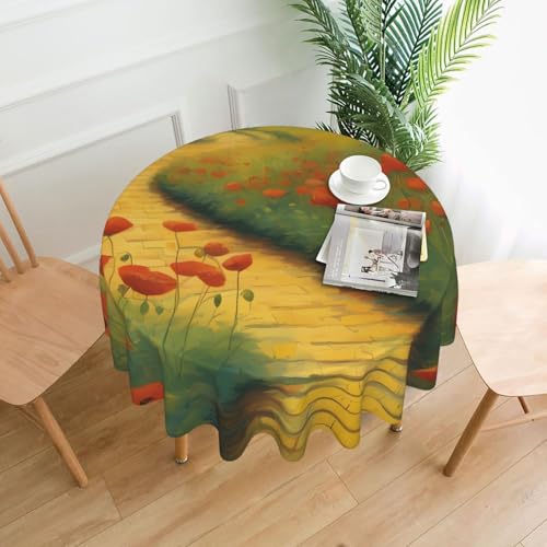YYHWHJDE Runde dekorative Tischdecke, 152,4 cm, Mohnblumenfeld, gelber Ziegelsteinstraßenbild, wasserdicht, waschbar und wiederverwendbar, für Essen, Kaffee, Picknick, Hochzeit, Party von YYHWHJDE
