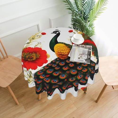 YYHWHJDE Runde dekorative Tischdecke, 152,4 cm, Pfauenrotes Blumenmuster, für den Innen- und Außenbereich, auf runden Tischen wie Couchtischen, Esstischen und Bauernhoftischen YYHWHJDE Runde dekorative Tischdecke, 152,4 cm, Pfauenrotes Blumenmuster, für den Innen- und Außenbereich, auf runden Tischen wie Couchtischen, Esstischen und Bauernhoftischen von YYHWHJDE