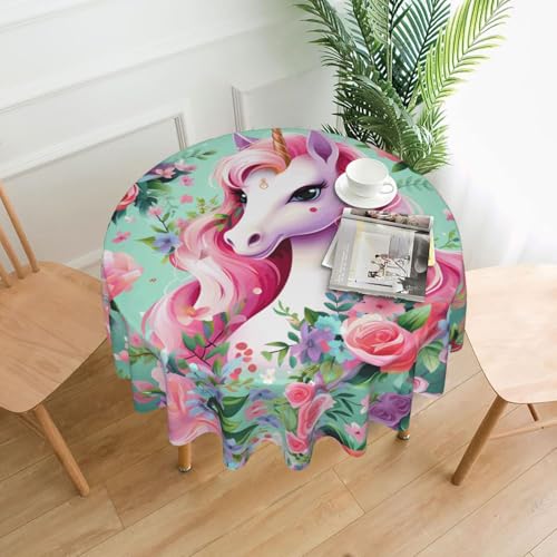 YYHWHJDE Runde dekorative Tischdecke, 152,4 cm, pinkes Einhornbild, wasserdicht, waschbar und wiederverwendbar, für Essen, Kaffee, Picknick, Hochzeit, Party von YYHWHJDE
