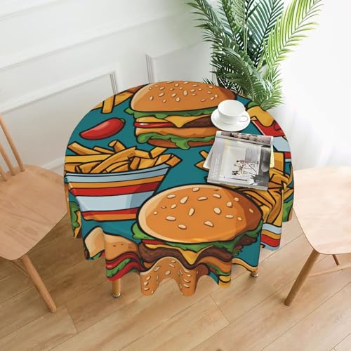 YYHWHJDE Runde dekorative Tischdecke, 152,4 cm, süßes Burger-Pommes-Bild, wasserdicht, waschbar und wiederverwendbar, für Essen, Kaffee, Picknick, Hochzeit, Party von YYHWHJDE