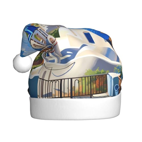 YYHWHJDE Santorini Griechische Insel Meerblick Weihnachtsmütze für Erwachsene - Festliche Party Dekoration, weiches und langlebiges Material von YYHWHJDE