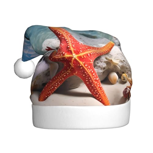 YYHWHJDE Weihnachtsmütze mit Seestern und Korallen am Strand für Erwachsene - festliche Partydekoration, weiches und strapazierfähiges Material von YYHWHJDE