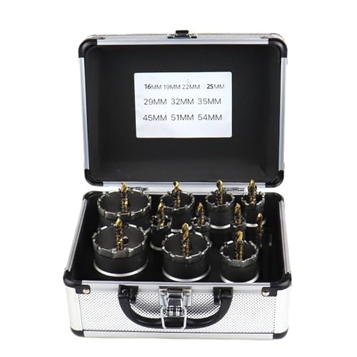 16 Stück 16–75 mm TCT-Lochsäge, Wolframkarbidspitze, TCT-Metallschneider, Kernbohrer-Sets for Edelstahl, Metallbohrkrone(AL-BOX 13pcs 16-54mm) von YYJOUPLM
