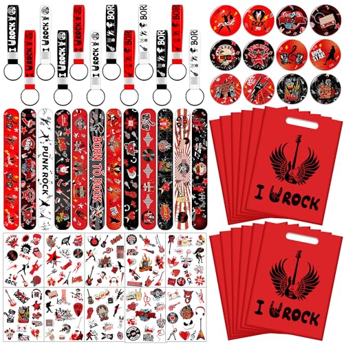 110 Dekorationen für Rock'n'Roll-Partygeschenke, darunter 50 Aufkleber, 12 Schlüsselanhänger, 12 Abzeichen, 12 Armbänder, 12 Beutel und 12 Tattoobögen 110 Dekorationen für Rock'n'Roll-Partygeschenke, darunter 50 Aufkleber, 12 Schlüsselanhänger, 12 Abzeichen, 12 Armbänder, 12 Beutel und 12 Tattoobögen von YYMYMGJ