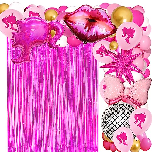 Hot Pink Party Decorations Pink Balloon Garland Arch Kit Pink Princess Girl Bow Balloons Hot Pink Rose Red Light Pink Matte White Balloons Silver Disco Ball Pink Foil Fringe Backdrop von YYMYMGJ