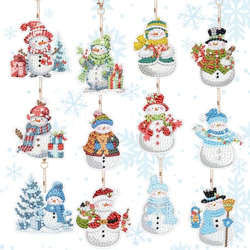 12 Stück Diamond Painting Schneemann Anhänger, Diamond Schlüsselanhänger Kinder Weihnachten, DIY Doppelseitige Diamont Painting Anhänger für Kinder Weihnachten Deko von YYSWSAKY