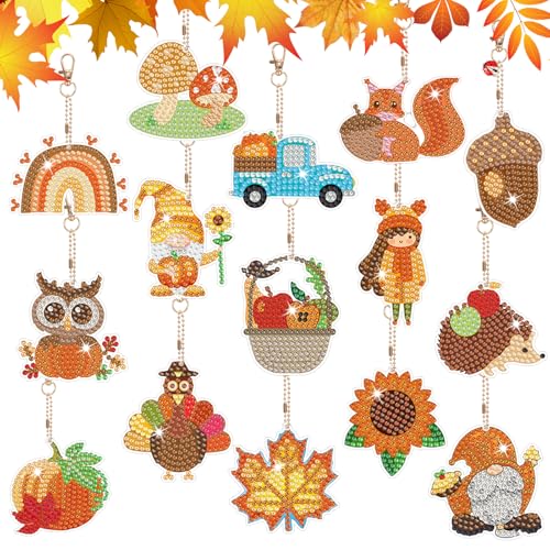 15 Stück Diamond Painting Schlüsselanhänger Herbst, Doppelseitige 5D Diamant Painting Anhänger für Erwachsene Kinder, DIY Basteln Deko, Herbst Wichtel Eichhörnchen Anhänger für Thanksgiving Geschenk von YYSWSAKY