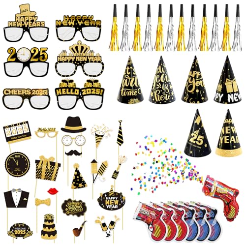 2025 Silvester Party Deko Set, 22 Neujahr Foto Requisiten, 6 Partybrille, 6 Silvester Hüte, 6 Silber Krachmacher Tröten, 6 Gold Krachmacher Tröten, 6 Konfettipistole, Happy New Year Deko Accessoires 2025 Silvester Party Deko Set, 22 Neujahr Foto Requisiten, 6 Partybrille, 6 Silvester Hüte, 6 Silber Krachmacher Tröten, 6 Gold Krachmacher Tröten, 6 Konfettipistole, Happy New Year Deko Accessoires von YYSWSAKY