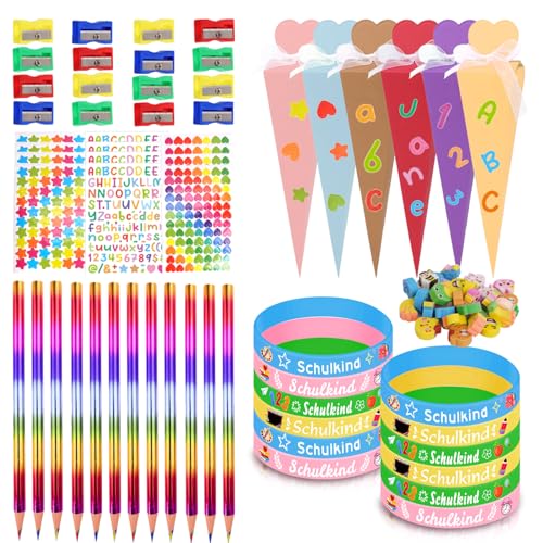 90 Stück Einschulung Mitgebsel Set, Inhalt für Die Schultüte, Einschulung Geschenk für Mädchen Jungen - Zuckertüten | Bleistift | Radiergummi | Aufkleber | Bleistiftspitzer | Schulkind Armband von YYSWSAKY