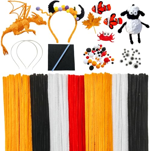 YYUENG TAK 270 Stück Pfeifenputzer zum Basteln,200 Stück pfeifenreiniger(Orange, Schwarz), wird mit Stirnband, Anleitung,20 Stück selbstklebende Augen und 50 Stück Pompoms von YYUENG TAK