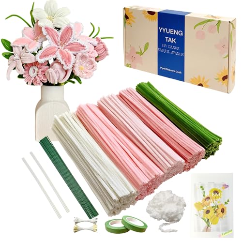 YYUENG TAK 350 Stück Rosa Pfeifenreiniger Blumen set(5 Farben),Geschenkbox enth Anweisungen,2 Chenille Wolle zum pfeifenputzer Blumen，20 Blumendraht,100 Staubblatt,2 Klebeband,für Blumen Basteln & Diy von YYUENG TAK