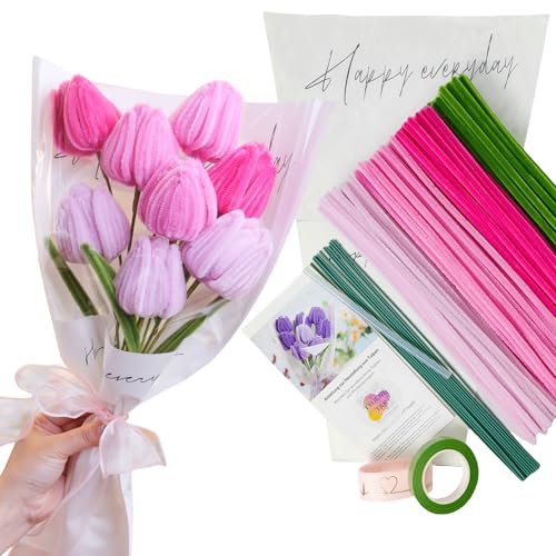 YYUENG TAK Rosa Tulip Bouquet, Pfeifenreiniger Blumen Set,mit 200 Stück pfeifenputzer zum basteln Blumen(4 Farben), Anleitung,12 Stück grünem Bastelfaden,Geschenkpapier,Geschenkband,Klebeband von YYUENG TAK