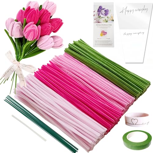 YYUENG TAK Rosa Tulip Bouquet, Pfeifenreiniger Blumen Set,mit 200 Stück pfeifenputzer zum basteln Blumen(4 Farben), Anleitung,12 Stück grünem Bastelfaden,Geschenkpapier,Geschenkband,Klebeband von YYUENG TAK
