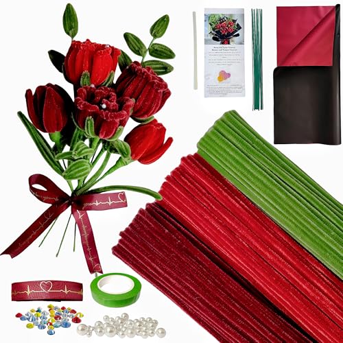 YYUENG TAK Rote Rose Pfeifenreiniger Blumen Set, 200 Stück Pfeifenputzer zum Basteln für DIY Rosensträuße inklusive Anleitung, 12 grünen Blumendrähten, Perlen, Strasssteinen und Geschenkpapier YYUENG TAK Rote Rose Pfeifenreiniger Blumen Set, 200 Stück Pfeifenputzer zum Basteln für DIY Rosensträuße inklusive Anleitung, 12 grünen Blumendrähten, Perlen, Strasssteinen und Geschenkpapier von YYUENG TAK