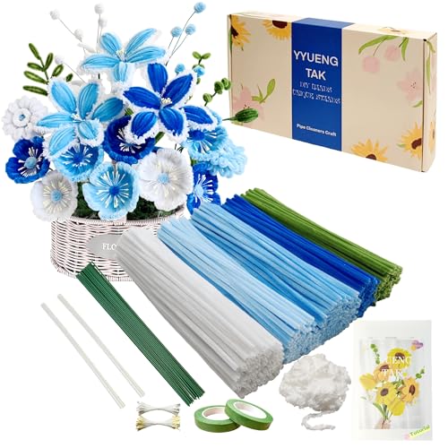YYUENGTAK 350 Stück Blau Pfeifenreiniger Blumen set(5 Farben),Geschenkbox mit Anweisungen,2 Chenille Wolle zum pfeifenputzer Blumen，20 Blumendraht,100 Staubblatt,2 Klebeband,für Blumen Basteln & Diy von YYUENG TAK