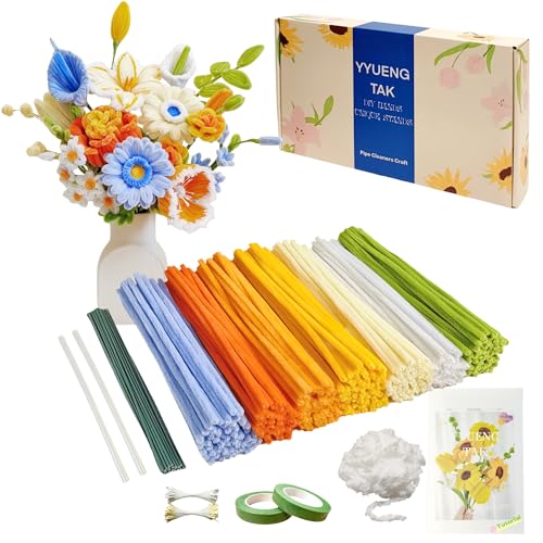 YYUENGTAK 350 Stück Pfeifenreiniger Blumen set(7 Farben)，Geschenkbox enth Anweisungen,2 Chenille Wolle zum pfeifenputzer Blumen,20 Blumendraht,100 Staubblatt,2 Klebeband,für Blumen Basteln & Diy von YYUENG TAK