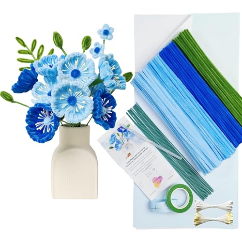 YYUENGTAK corn poppy Pfeifenreiniger Blumen Set, 200 Stück Pfeifenputzer zum Basteln,3 verschiedene blau, Pfeifenreiniger zum Basteln, mit Anweisungen,Blumen Staubblatt,Blumendraht,Geschenkpapier von YYUENG TAK