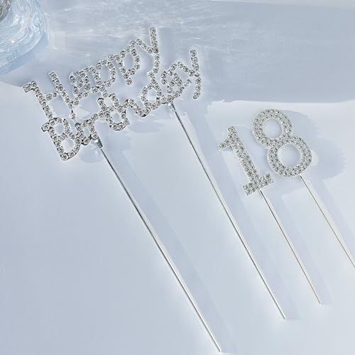 YYUENGTAK 18 Happy Birthday Cake Topper Geburtstag Kuchen Dekoration, Silber Strass deko, Mädchen glitter cake topper,Geburtstagsfeiern, Hochzeitsfeiern von YYUENGTAK