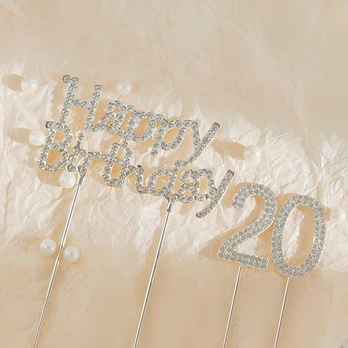 YYUENGTAK 20 Happy Birthday Cake Topper Geburtstag Kuchen Dekoration, Silber Strass deko, Mädchen glitter cake topper,Geburtstagsfeiern, Hochzeitsfeiern von YYUENGTAK