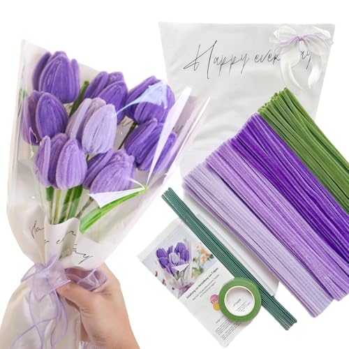 YYUENG TAK Violett Tulpe Blumenstrauß,Pfeifenreiniger Blumen Set,mit 200 Stück Pfeifenputzer zum basteln Blumen(4 Farben),12 Stück Grün Basteldraht, Anweisungen,Geschenkpapier, Geschenkband, Klebeband von YYUENG TAK
