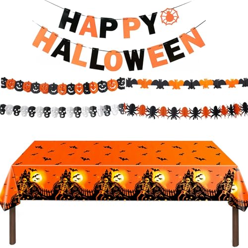 Halloween Tischdecke, Party Tischdecke Einweg, wasserdichte Plastik, Happy Halloween Girlande, Pumpkins, Skeletons, Spiders, Bats, Party Deko Set für Haus Tisch Garten (137 x 274 cm) von YYUEZHI