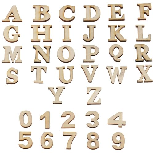 YYlingx 200 Stück unlackierte Holzbuchstaben und Holzzahlen, Zahlen 0–9, 26 Buchstaben in Holzfarbe, DIY blanko, alphanumerische Heimdekoration, Kunst von YYlingx