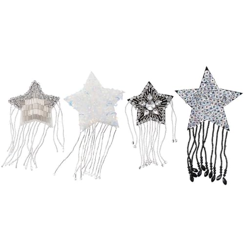 YYlingx 4 x Perlenaufnäher mit Sternen, zum Aufnähen, 4 Stile, glitzernde Strass-Stern-Applikation mit Quaste, modische Kleidungsaufnäher, Verzierung für Kleidung, Hut, Tasche, Jacke, Verzierung, von YYlingx