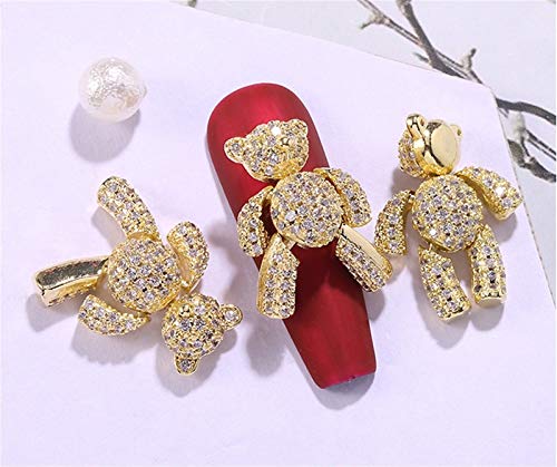YZDKJ 3 stücke Strass drehbarer Bär Nail Art Dekorierungen Diamant Goldene/Silber/Rose Gold Teddybär Nail Art Ornamente Zubehör (Color : Gold) von YZDKJ