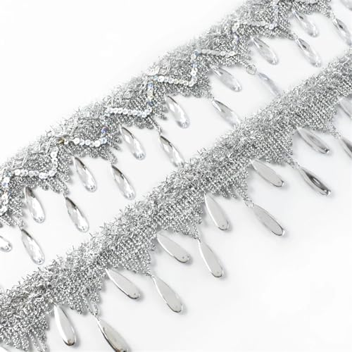 1/2 Meter 7 cm Gold Silber Pailletten Quaste Spitzenbesatz Harz Diamant Anhänger Band for Bühne Tanzkleid Nähzubehör für DIY-Handarbeiten und Nähen(Silver,1Meter) von YZDKR
