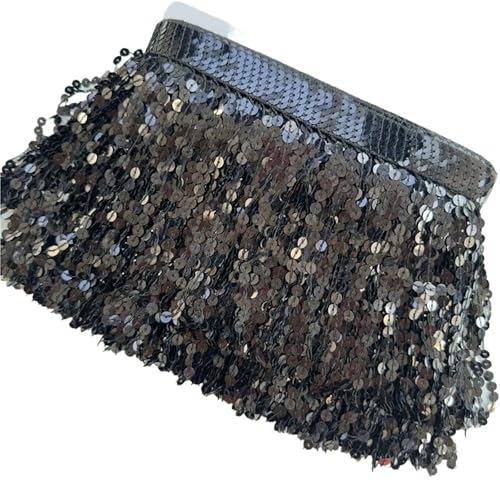 10 Meter Pailletten-Quasten-Fransenbesatz, Spitzenband, Kleid, 15 cm breit, Kleidung, Dekoration, Zubehör, DIY, Bekleidung, Nähzubehör für DIY-Handarbeiten und Nähen(Black) von YZDKR