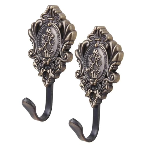 YZDKR 2 Stücke Vintage Legierung Gardinen Vorhang Wandhaken Raffhalter Haken Rose Muster Vorhang Dekorative Accessoires für Fenster, Türen und Duschvorhänge(Bronze) von YZDKR