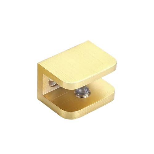 YZDKR 6PCS Massivem Messing Glasklemmen Gebürstet Gold Dusche Lagerung Regal Feste Clips U-Form Glas Schrank Tür Klemmen unterstützung Klammern für Balustrade Treppenhandlauf(Medium Size 8-10mm) von YZDKR