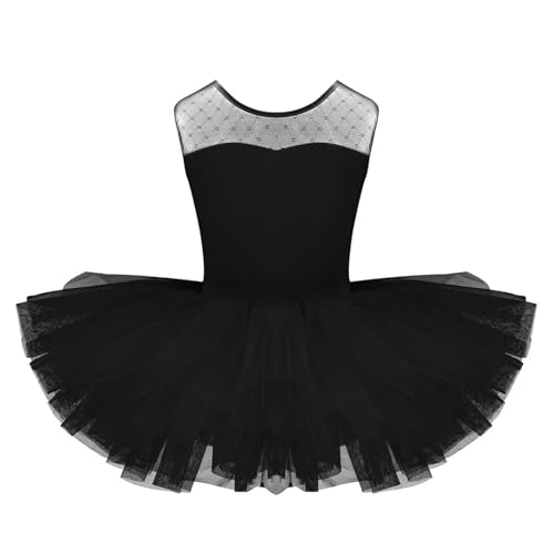 YZDKR Mädchen Ballettkleid mit Tutu, ärmellos, Stretch-Netzstoff, Spleiß, U-förmiger Rücken, Ballett-Tanzkleidung, Gymnastikanzug, Party-Kostüme für Mädchenballettaufführungen(Black,4) von YZDKR