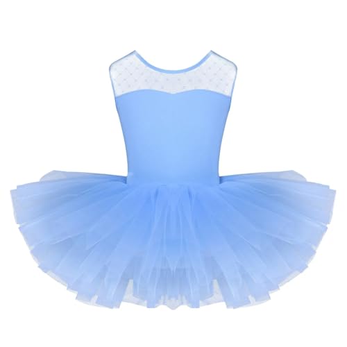 YZDKR Mädchen Ballettkleid mit Tutu, ärmellos, Stretch-Netzstoff, Spleiß, U-förmiger Rücken, Ballett-Tanzkleidung, Gymnastikanzug, Party-Kostüme für Mädchenballettaufführungen(Light Blue,12) von YZDKR