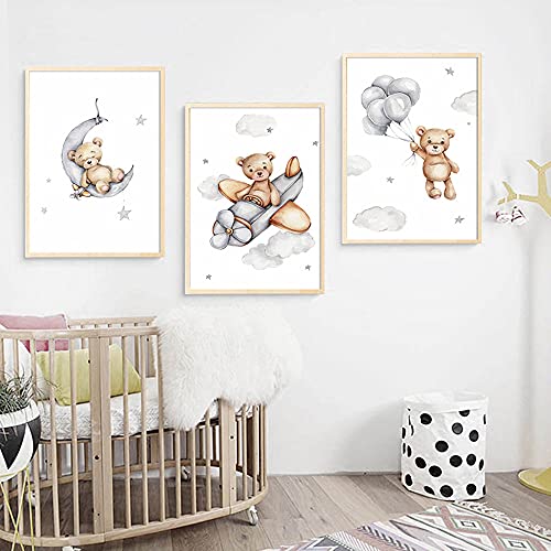 3 Bilder Bär Kinderzimmer a3 Poster Mond Sterne Wolke Ballon Flugzeug Wandbilder Babyzimmer Junge Leinwand Wanddeko Geschenk ohne Rahmen von Youihom