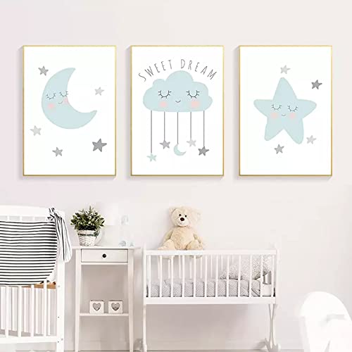 3 Wolken Bilder Baby Mond Sterne Poster Set Blau Grau Babyzimmer Jungen Dekoration Mädchen Wandbild Kinderzimmer Leinwand Geschenk ohne Rahmen von Youihom