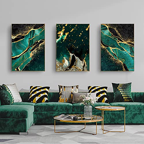 Grün-Gold-Marmor-Leinwand-Wandkunst, moderne abstrakte dunkelgrüne Goldfolienlinien, Marmor-Poster, abstraktes smaragdgrünes und goldfarbenes Wandkunst, 40.6x61x7.6 cm, ungerahmt von YZNLOQ