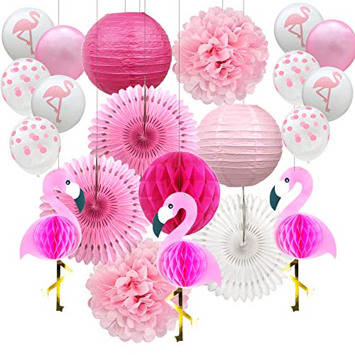 YZNlife Flamingo Party Dekoration, 21PCS Party Deko Set, Hochzeit Dekoration Geburtstagsdeko Bunt Partydeko, mit Wabenbälle, Ballons, Papier Pom Poms und Papierblumen, für Festival Hawaii Party von YZNlife
