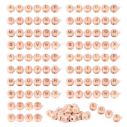 YZROHYI 104 Stück Holzbuchstaben Perlen 12 MM,Holzperlen mit Buchstabenperlen Eckig,Buchstabenwürfel Holz zum Auffädeln,Holzperlen für Schlüsselanhänger zum Basteln,Letter Beads für DIY Schmuck von YZROHYI
