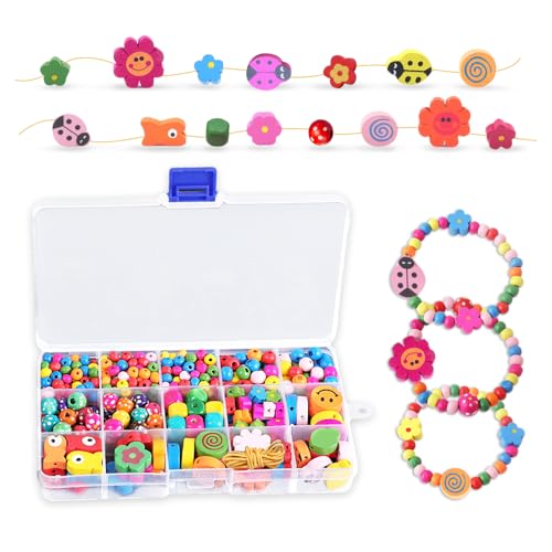 YZROHYI 400 Stück Perlen zum Auffädeln Kinder Set,FäDelperlen Holz Schmuckperlen,Holzperlen Bastelset Bunt,Wooden Beads Kids,Bastelperlen Mit Loch,Holzspielzeug Fädelspiel Lernspiel für Handwerk von YZROHYI