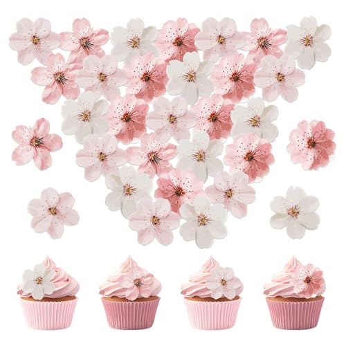 YZROHYI 50 Stück Blumen für Torten Deko,Kirschblüten Tortendeko Geburtstag,Muffin Deko Cupcake,Blüten Kuchen Deko,Blume Kuchen Dekos Rosa,Cake Topper,Kirschblüten Cupcake für Hochzeits BabyParty von YZROHYI