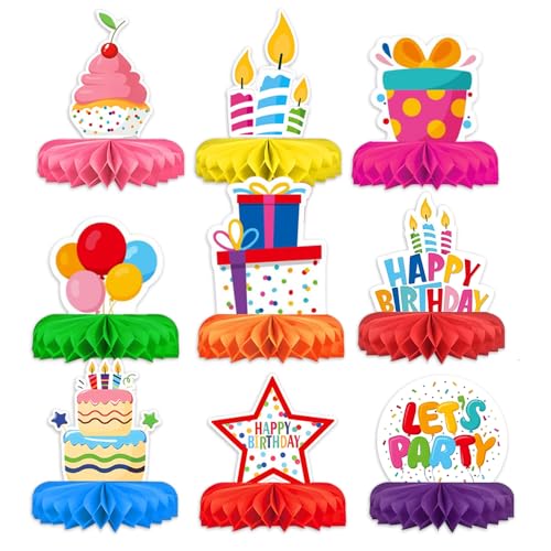 YZROHYI 9 Stück Tischdeko Kindergeburtstag, Bienenwaben Deko Geburtstag, Bunte Happy Birthday Tischdeko Tischaufsatz, Waben Tischdekoration Party, Honeycomb Dekorationen, Geburtstagsdekorationen von YZROHYI