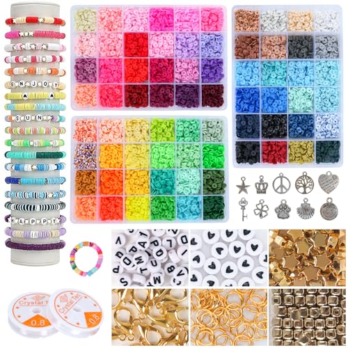 YZZAOO 72 Farben 9000 Stück Perlen für Armbänder, 3 Boxen Clay Beads Set mit 1 Paket Buchstaben Perlen, Armband Set Selber Machen, Polymer Clay Beads für DIY Schmuck Halskette von YZZAOO