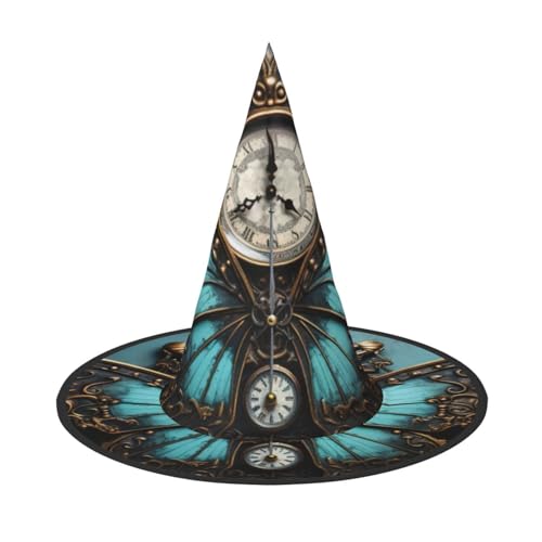 YaWea Hexenhüte zum Aufhängen, Motiv: Uhr, Schmetterlings-Druck, faltbare Spitzkappe, Kostüm-Accessoire, für Halloween-Party, 1 Stück von YaWea