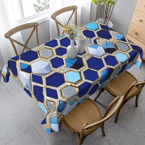 YaWea Tischdecke mit blauen Sechseck- und Rautenmuster, rechteckig, Bauernhaus, waschbare Tischdecke für die Küche von YaWea