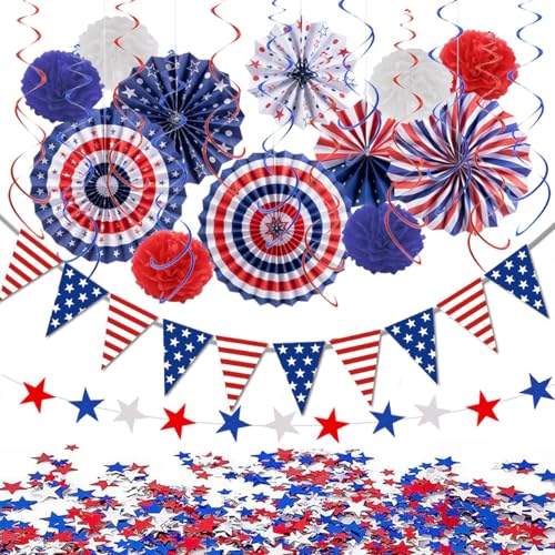 4 Juli patriotische Party Dekorationen Set rot weiß blau Papier Fans Pompons Blumen Star Streamers USA Wimpel Wimpel für 4. Juli patriotischen Geburtstag Unabhängigkeitstag Dekorationen von YaYuanSun