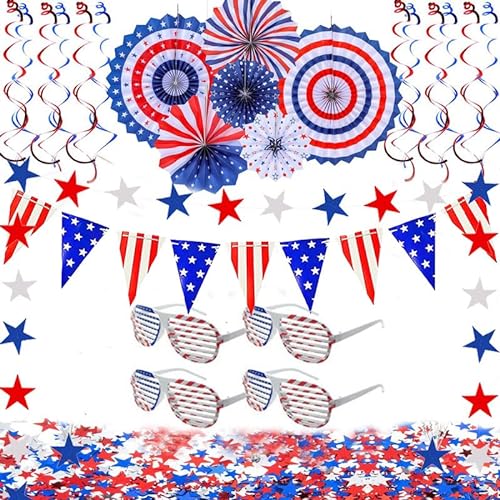 YaYuanSun 4. Juli Patriotische Party Dekorationen Set Rot Weiß Blau Papier Fans Star Luftschlangen USA Wimpel Wimpel USA Patriotische Kunststoffgläser für 4. Juli Patriotische Geburtstag Dekorationen von YaYuanSun