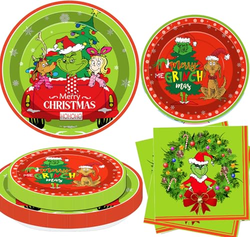 Weihnachtsfeier Dekorationen, 96 Stück Rote, Grüne und Weiße Teller Tassen Servietten für Weihnachtsthema Party Tischdekorationen (Grün) von YaYuanSun